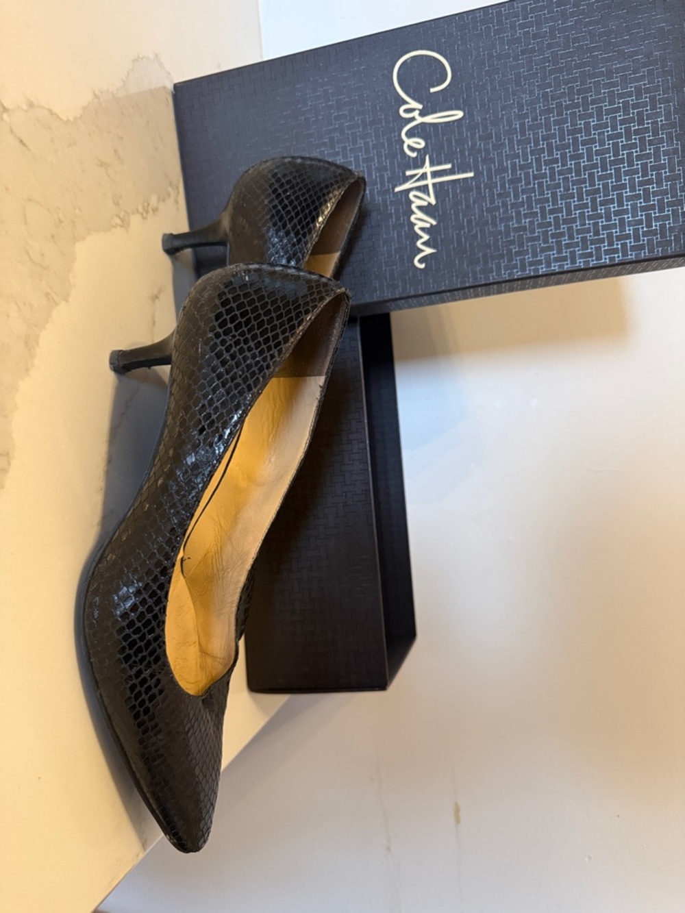 Cole Haan Black Snakeskin-Textured Pointed Toe Pumps - Picture 3 of 5
